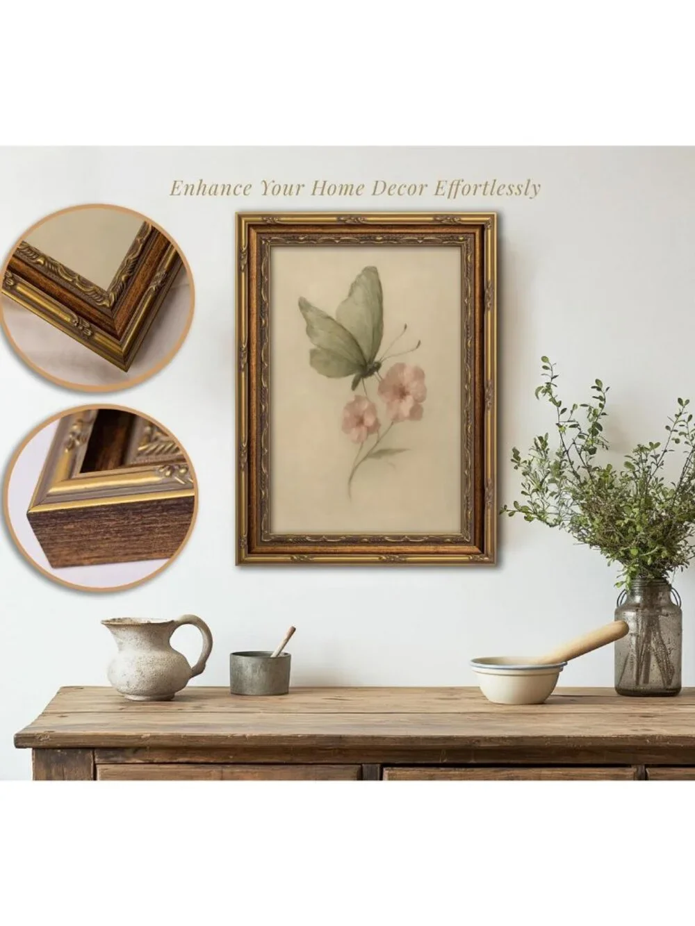 Vintage Gold Framed Butterfly & Flower Canvas Art | Rustic Cottagecore Wall